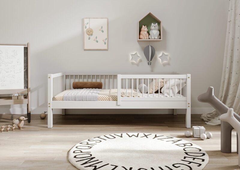 ALFIE drewniane łóżko dziecięce klasyczne z okrągłymi szczebelkami wysokie