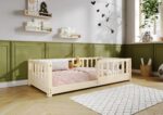 LENA klasyczne drewniane łóżko dziecięce z prostokątnymi szczebelkami niskie