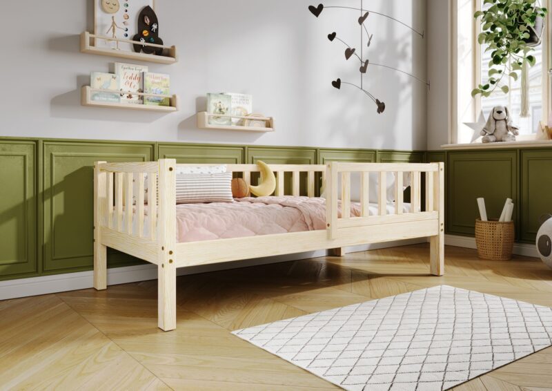 LENA drewniane łóżko dziecięce klasyczne z prostokątnymi szczebelkami wysokie