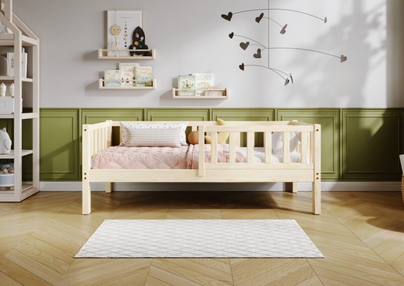 LENA drewniane łóżko dziecięce klasyczne z prostokątnymi szczebelkami wysokie