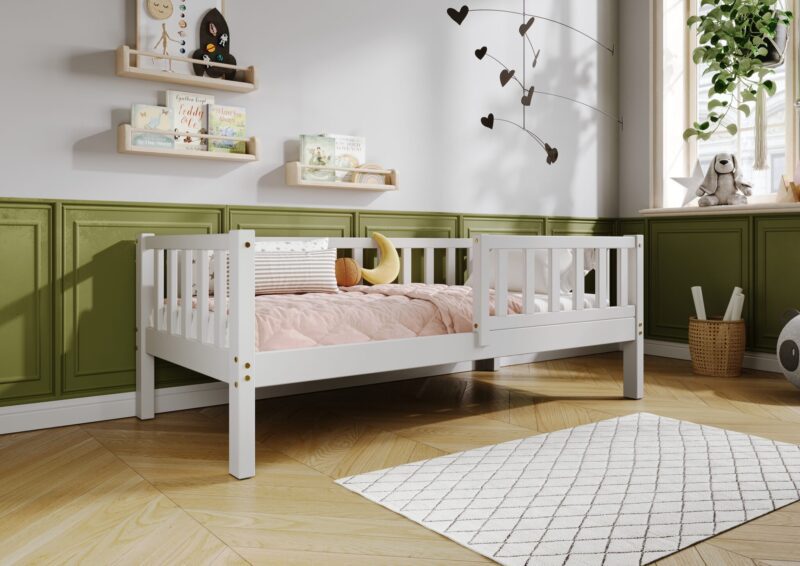 LENA drewniane łóżko dziecięce klasyczne z prostokątnymi szczebelkami wysokie