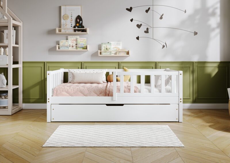 LENA klasyczne drewniane łóżko dziecięce z prostokątnymi szczebelkami i szufladą na pościel