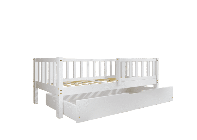 LENA klasyczne drewniane łóżko dziecięce z prostokątnymi szczebelkami i szufladą na pościel