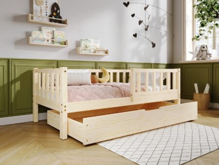 LENA klasyczne drewniane łóżko dziecięce z prostokątnymi szczebelkami i szufladą na pościel