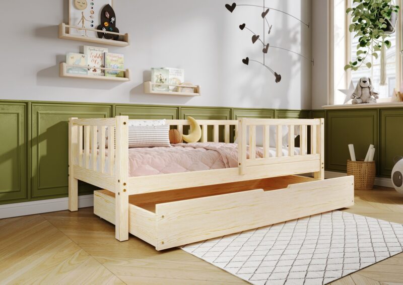 LENA klasyczne drewniane łóżko dziecięce z prostokątnymi szczebelkami i szufladą na pościel