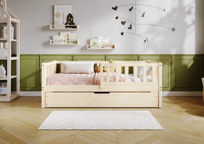 LENA klasyczne drewniane łóżko dziecięce z prostokątnymi szczebelkami i szufladą na pościel