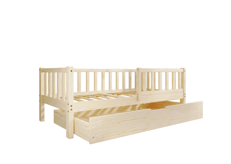 LENA klasyczne drewniane łóżko dziecięce z prostokątnymi szczebelkami i szufladą na pościel