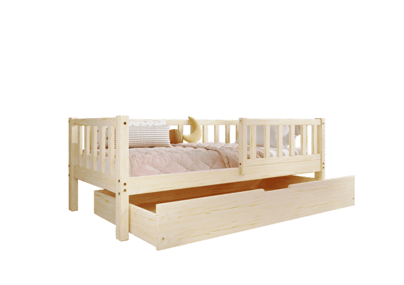 LENA klasyczne drewniane łóżko dziecięce z prostokątnymi szczebelkami i szufladą na pościel