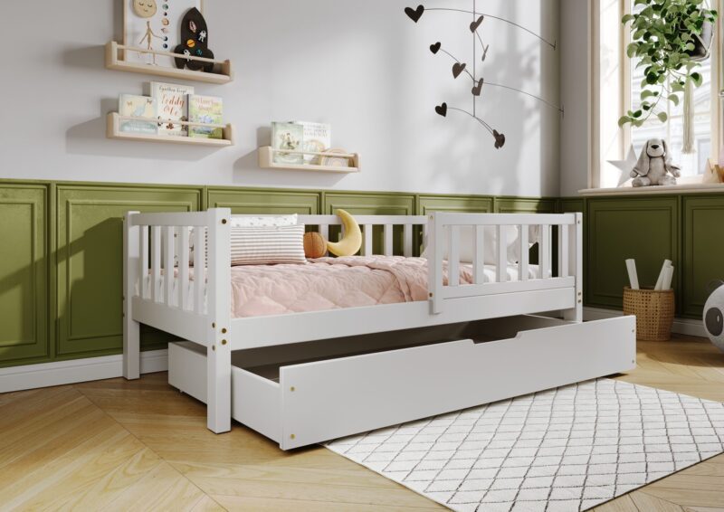 LENA klasyczne drewniane łóżko dziecięce z prostokątnymi szczebelkami i szufladą na pościel