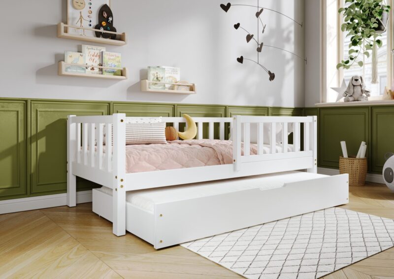 LENA klasyczne drewniane łóżko dziecięce z barierkami płotek i szufladą z funkcją spania