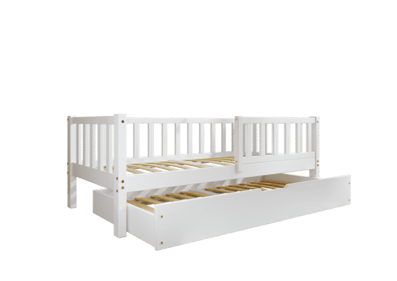 LENA klasyczne drewniane łóżko dziecięce z barierkami płotek i szufladą z funkcją spania