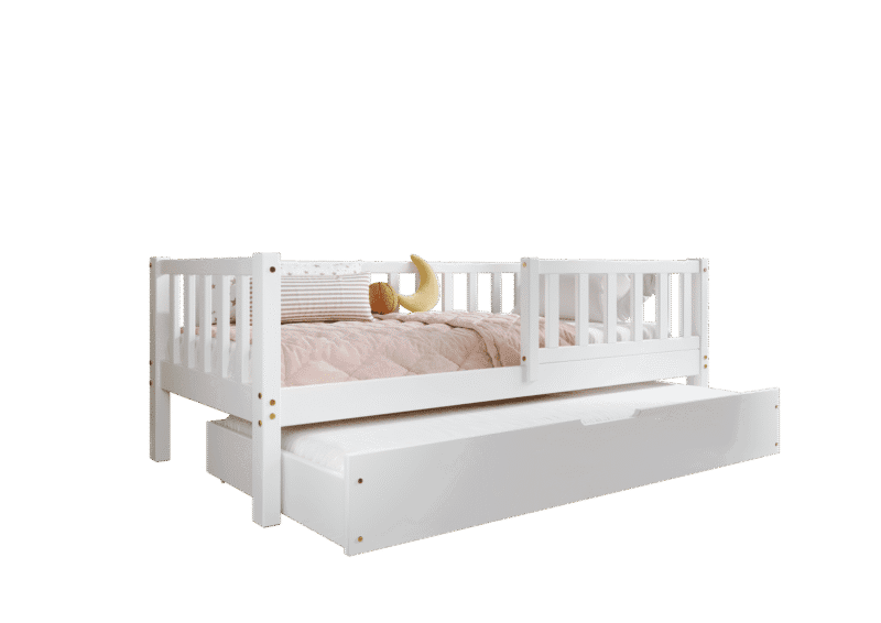 LENA klasyczne drewniane łóżko dziecięce z barierkami płotek i szufladą z funkcją spania