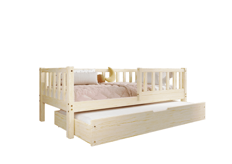 LENA klasyczne drewniane łóżko dziecięce z barierkami płotek i szufladą z funkcją spania