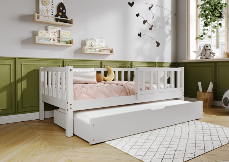 LENA klasyczne drewniane łóżko dziecięce z barierkami płotek i szufladą z funkcją spania