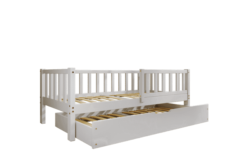 LENA klasyczne drewniane łóżko dziecięce z barierkami płotek i szufladą z funkcją spania