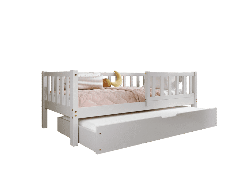 LENA klasyczne drewniane łóżko dziecięce z barierkami płotek i szufladą z funkcją spania