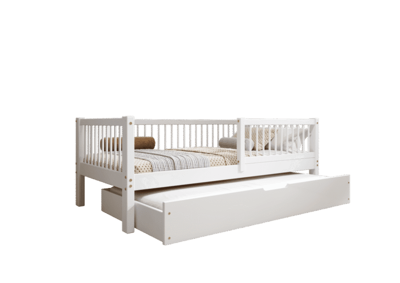 ALFIE klasyczne drewniane łóżko dziecięce z okrągłymi szczebelkami i szufladą z funkcją spania