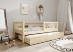 ALFIE klasyczne drewniane łóżko dziecięce z okrągłymi szczebelkami i szufladą z funkcją spania