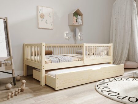 ALFIE klasyczne drewniane łóżko dziecięce z okrągłymi szczebelkami i szufladą z funkcją spania