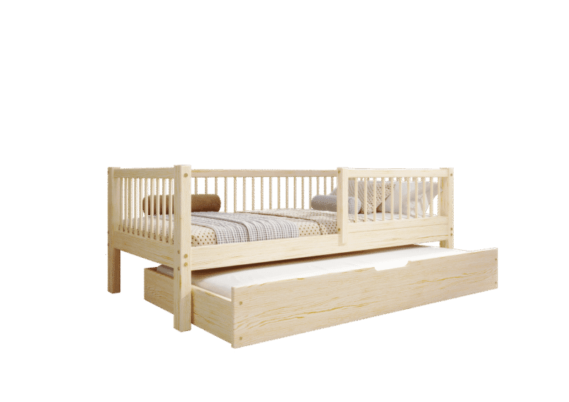 ALFIE klasyczne drewniane łóżko dziecięce z okrągłymi szczebelkami i szufladą z funkcją spania