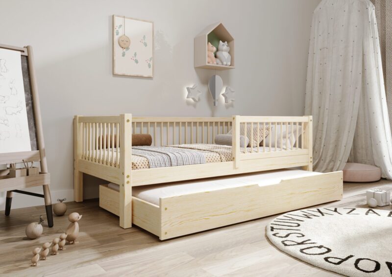 ALFIE klasyczne drewniane łóżko dziecięce z okrągłymi szczebelkami i szufladą z funkcją spania