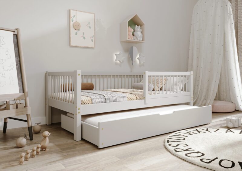 ALFIE klasyczne drewniane łóżko dziecięce z okrągłymi szczebelkami i szufladą z funkcją spania