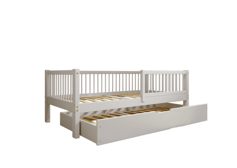 ALFIE klasyczne drewniane łóżko dziecięce z okrągłymi szczebelkami i szufladą z funkcją spania
