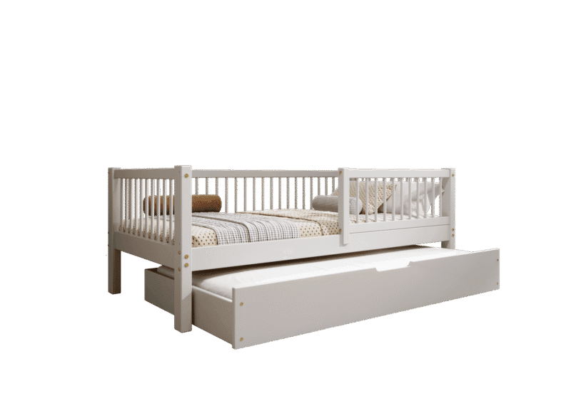 ALFIE klasyczne drewniane łóżko dziecięce z okrągłymi szczebelkami i szufladą z funkcją spania
