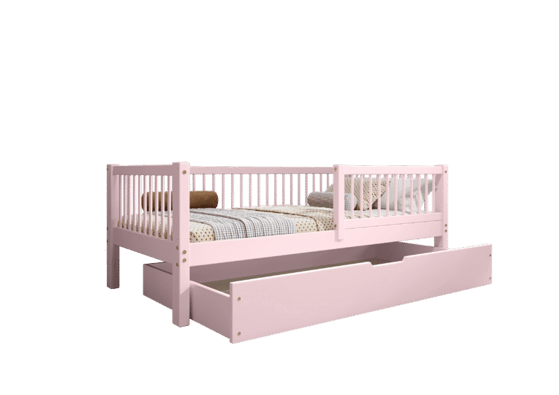 ALFIE klasyczne drewniane łóżko dziecięce z okrągłymi szczebelkami i szufladą na pościel