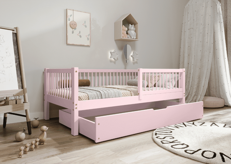 ALFIE klasyczne drewniane łóżko dziecięce z okrągłymi szczebelkami i szufladą na pościel