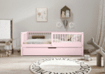 ALFIE klasyczne drewniane łóżko dziecięce z okrągłymi szczebelkami i szufladą na pościel