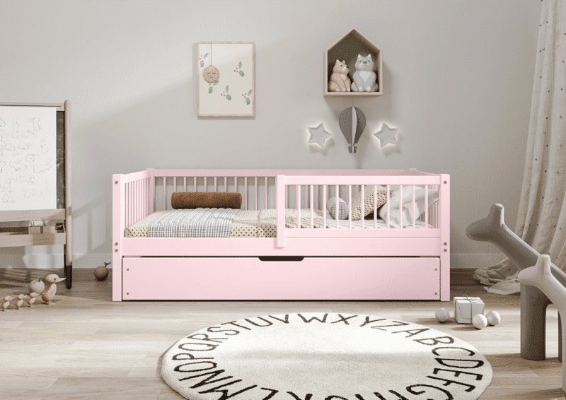 ALFIE klasyczne drewniane łóżko dziecięce z okrągłymi szczebelkami i szufladą na pościel