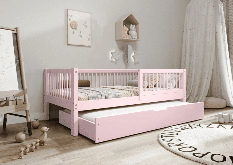 ALFIE klasyczne drewniane łóżko dziecięce z okrągłymi szczebelkami i szufladą z funkcją spania