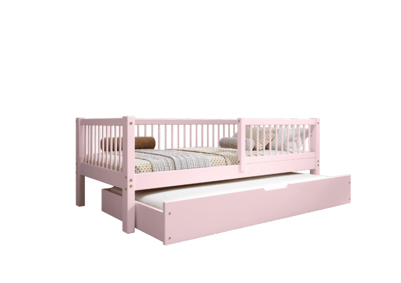 ALFIE klasyczne drewniane łóżko dziecięce z okrągłymi szczebelkami i szufladą z funkcją spania