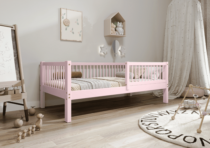 ALFIE drewniane łóżko dziecięce klasyczne z okrągłymi szczebelkami wysokie