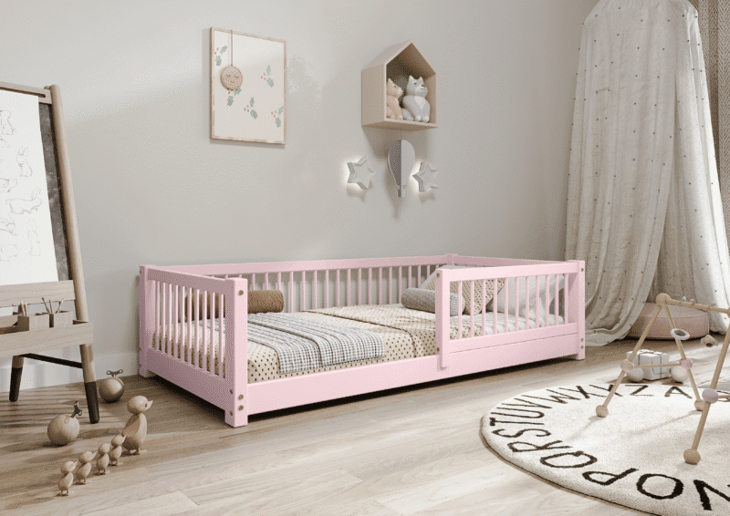 ALFIE drewniane łóżko dziecięce klasyczne z okrągłymi szczebelkami niskie