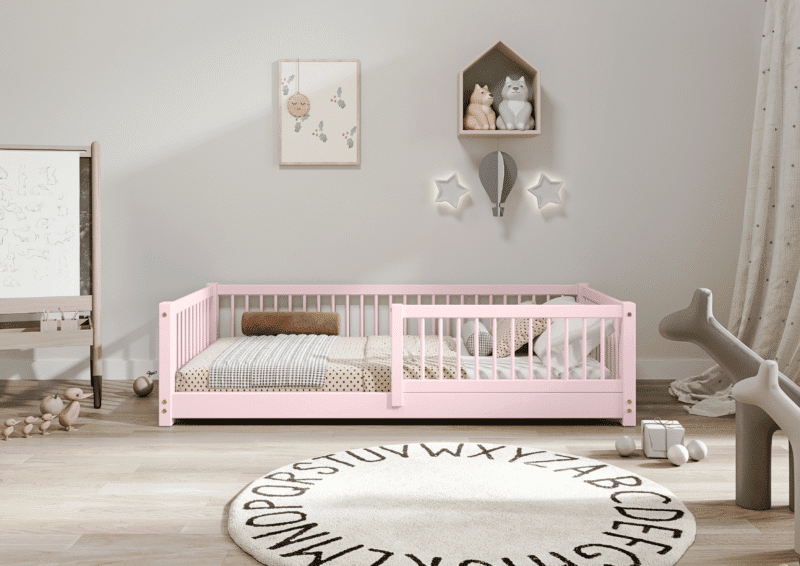 ALFIE drewniane łóżko dziecięce klasyczne z okrągłymi szczebelkami niskie
