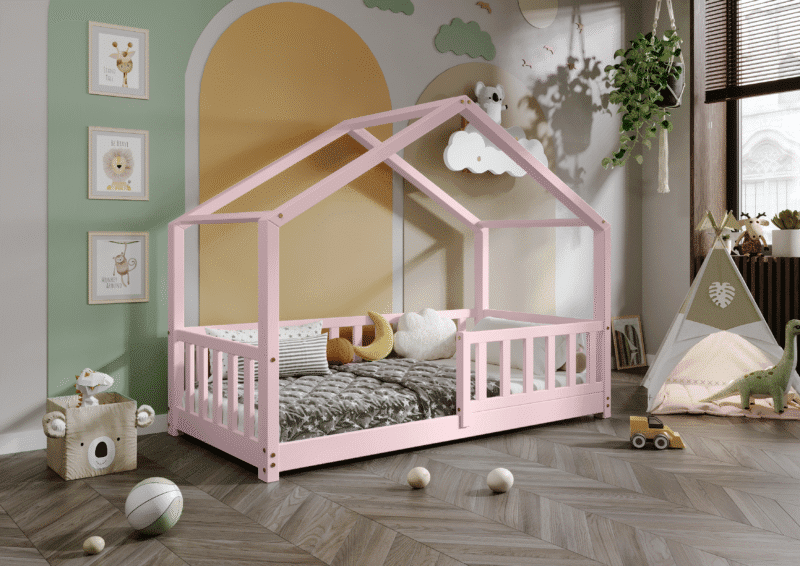 DORMIO  drewniane łóżko dziecięce domek z prostokątnymi szczebelkami niskie