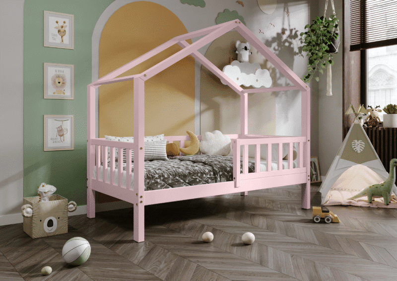 DORMIO  drewniane łóżko dziecięce domek z prostokątnymi szczebelkami wysokie