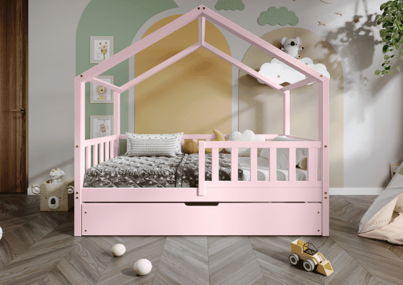 DORMIO drewniane łóżko-domek dziecięce z prostokątnymi szczebelkami i szufladą z funkcją spania