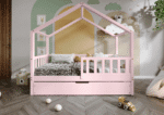 DORMIO drewniane łóżko - domek dziecięce z prostokątnymi szczebelkami i szufladą na pościel