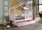 DORMIO drewniane łóżko - domek dziecięce z prostokątnymi szczebelkami i szufladą na pościel