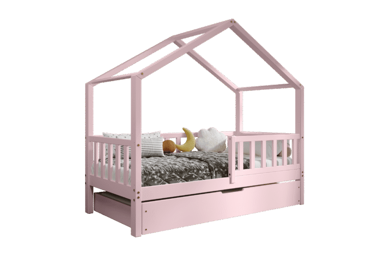DORMIO drewniane łóżko - domek dziecięce z prostokątnymi szczebelkami i szufladą na pościel