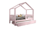DORMIO drewniane łóżko-domek dziecięce z prostokątnymi szczebelkami i szufladą z funkcją spania