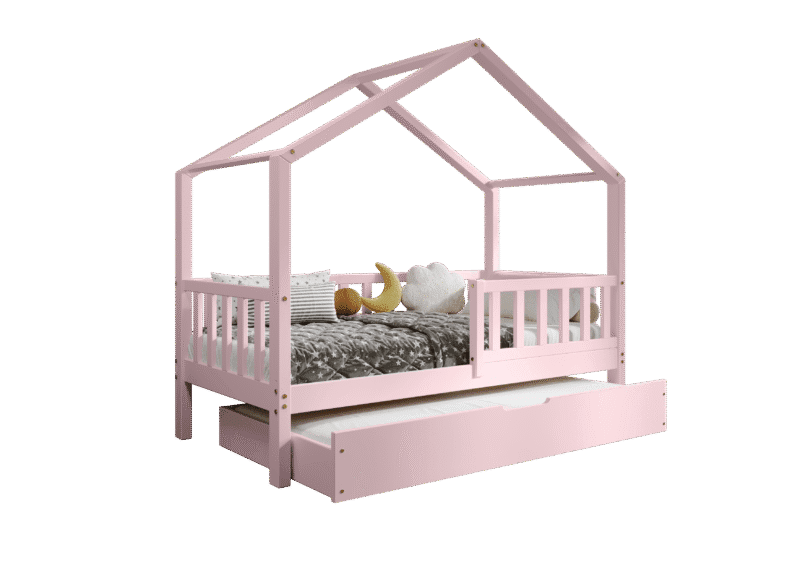 DORMIO drewniane łóżko-domek dziecięce z prostokątnymi szczebelkami i szufladą z funkcją spania