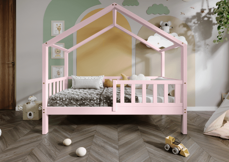 DORMIO  drewniane łóżko dziecięce domek z prostokątnymi szczebelkami wysokie