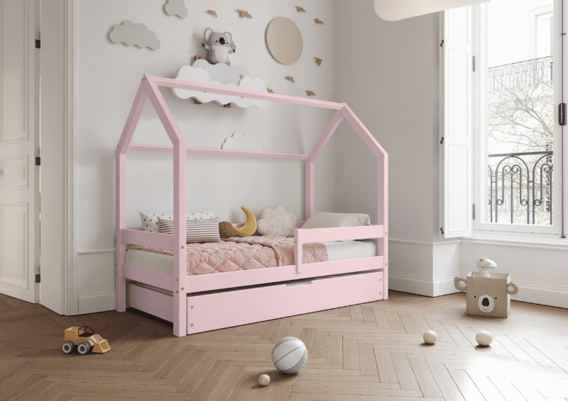 Łóżko domek Florence BOX z poziomą barierką i szufladą na pościel