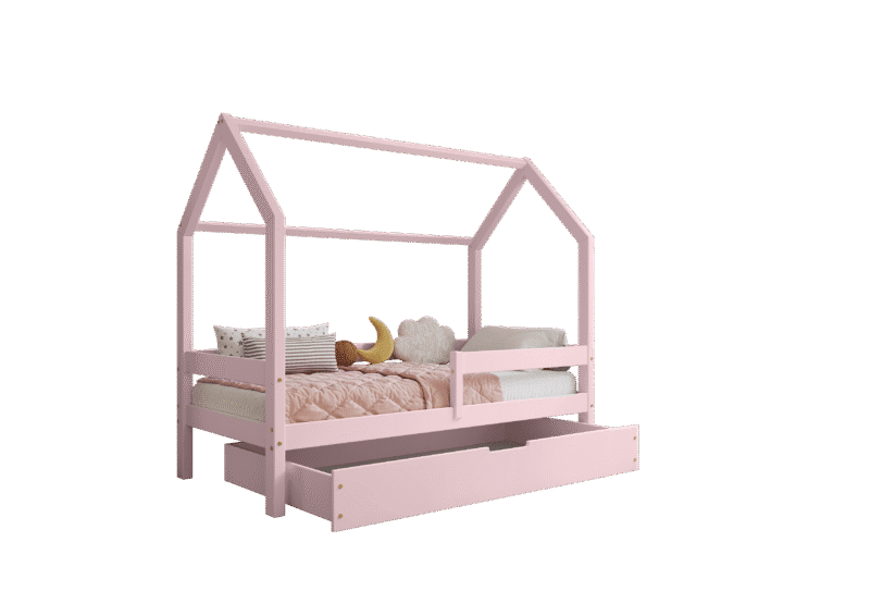 Łóżko domek Florence BOX z poziomą barierką i szufladą na pościel