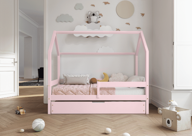 Łóżko domek FLORENCE DUO z poziomą barierką z dodatkową funkcją spania w szufladzie