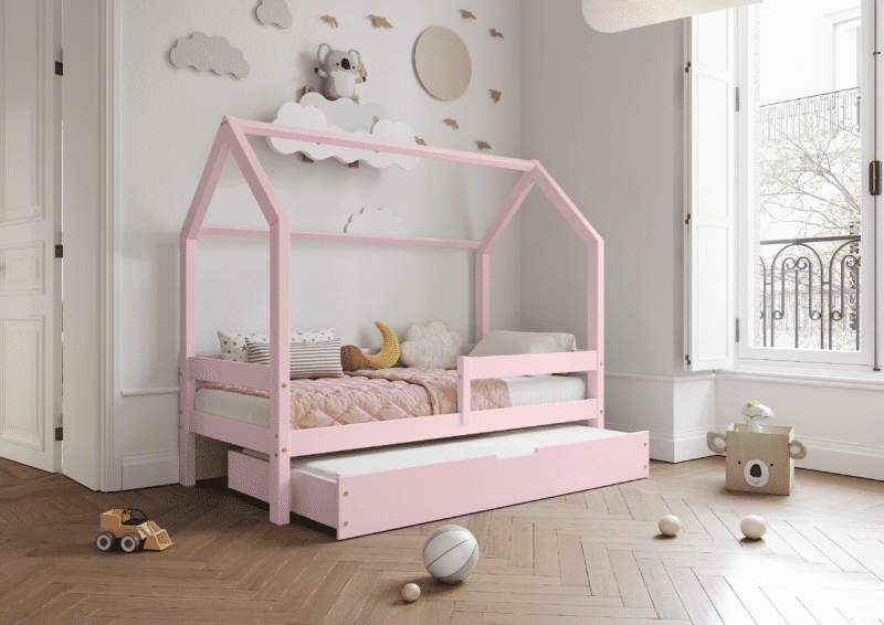 Łóżko domek FLORENCE DUO z poziomą barierką z dodatkową funkcją spania w szufladzie
